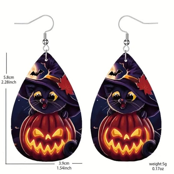 Halloween Earrings Dangle Black Cat Jack O Lantern Pumpkin Party Costume Fun New - Picture 3 of 3